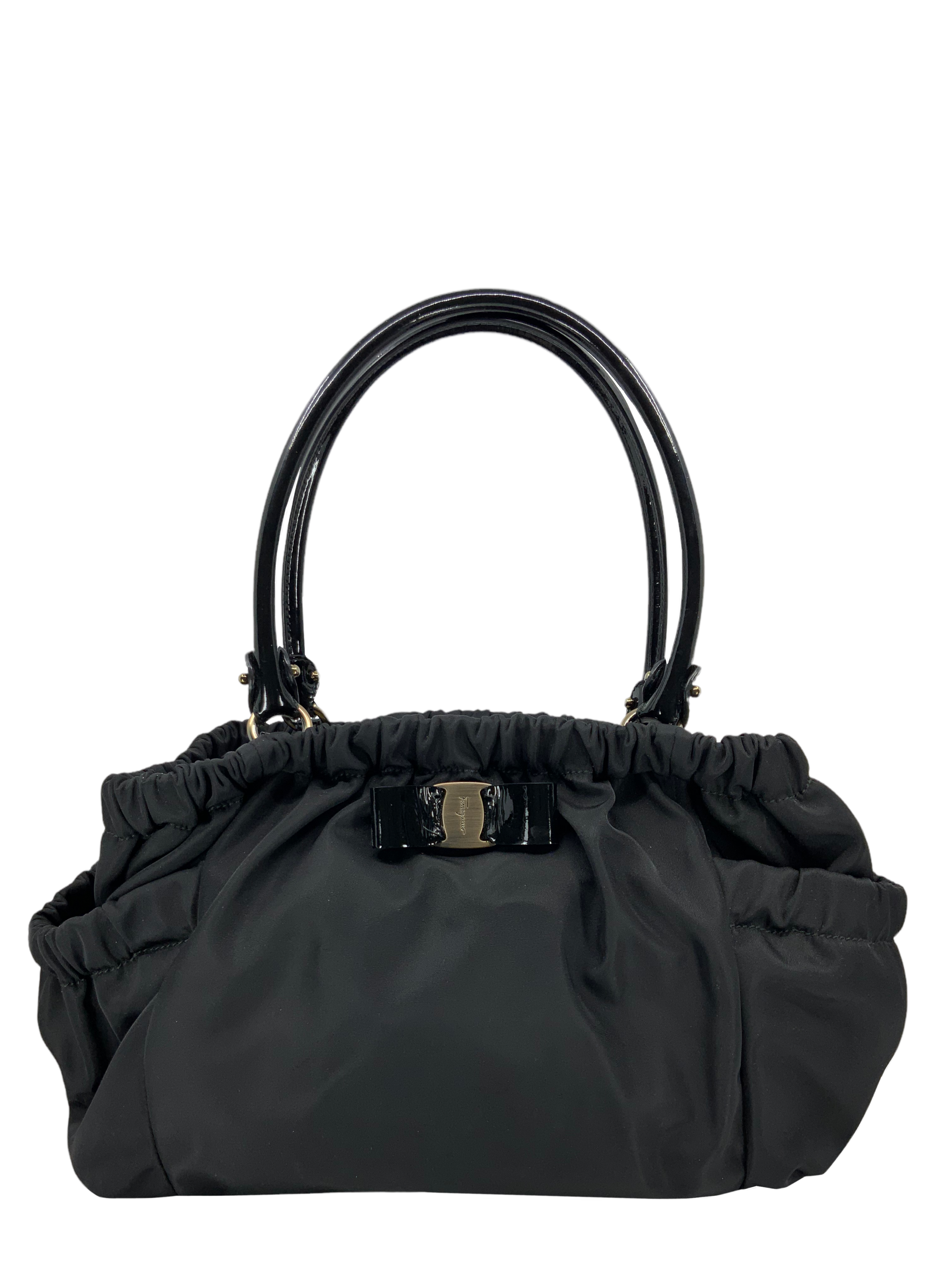 Salvatore Ferragamo Nylon Patent Leather Trim Vara Bow Tote Bag for Women | Luxury Designer Handbag for Work, Travel & Everyday Use