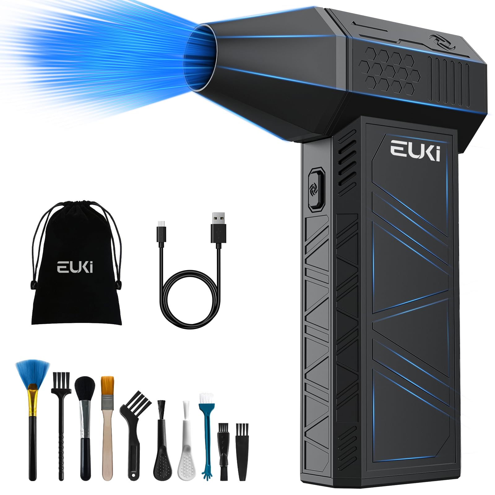 EUKI 150,000 RPM Cordless Electric Air Duster - Rechargeable High-Speed Air Blower with 3 Speed Settings for Keyboard Cleaning, PC Maintenance, Car Detailing, Air Bed Inflation & Home Dusting (Black) | Perfect for Electronics, Workspaces & Household Cleaning