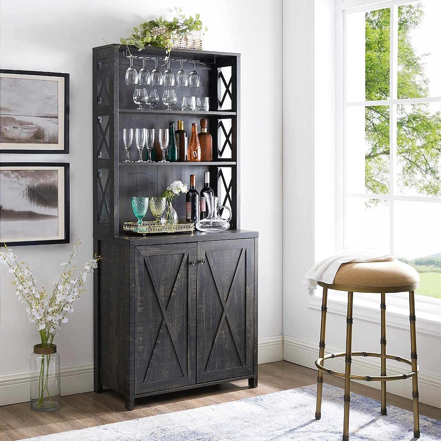 Stylish Black Bar Cabinet with Microwave Stand - Modern Kitchen Storage for Liquor, Glassware & Appliances | Perfect for Home Bars, Dining Rooms & Small Spaces