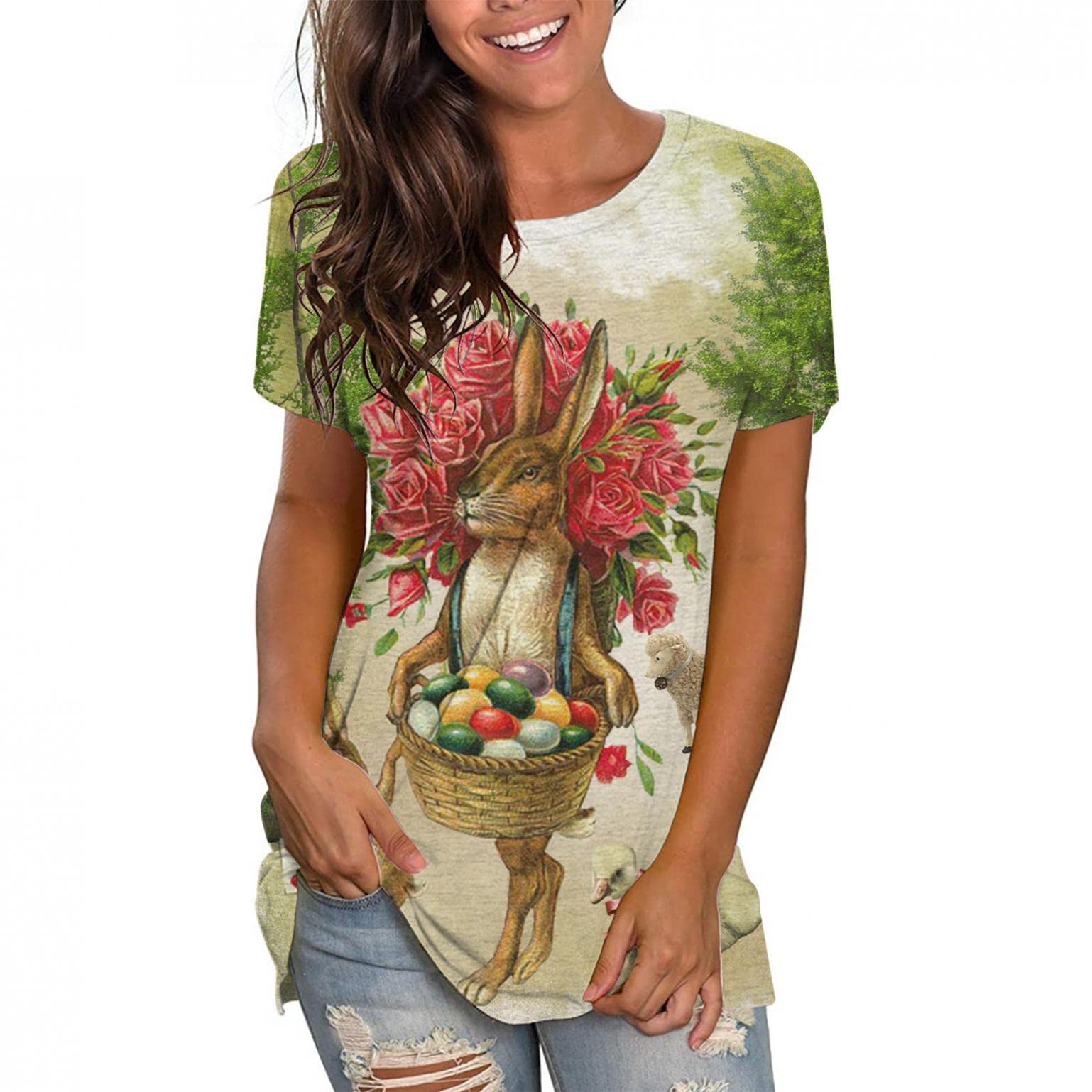GUOBIOZIY Women's Casual Bunny Print Crew Neck T-Shirt - Loose Fit Summer Top for Dressy & Everyday Wear | Perfect for Beach Outings, Weekend Hangouts & Office Casual Fridays