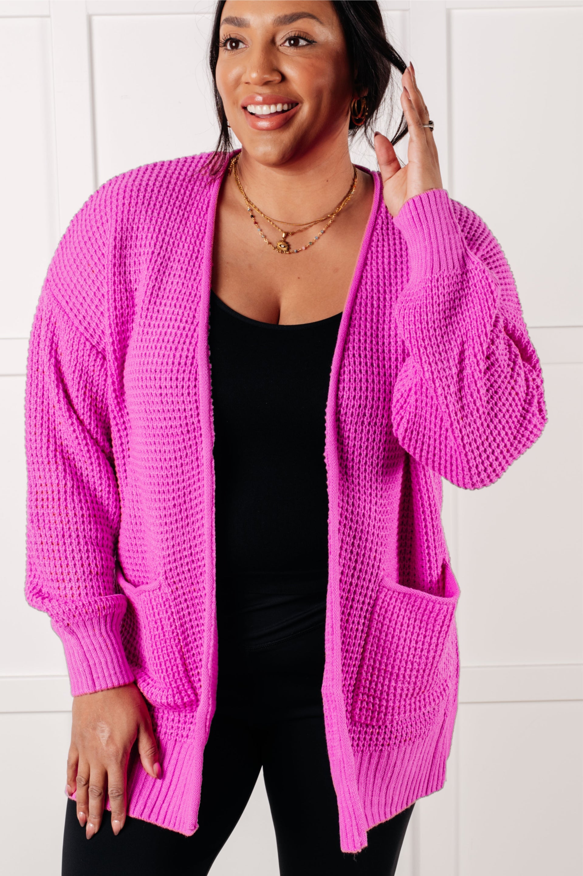 Bright Mauve Waffle Knit Open Front Cardigan for Women - Soft & Cozy Layering Sweater - Perfect for Fall, Winter & Casual Outfits