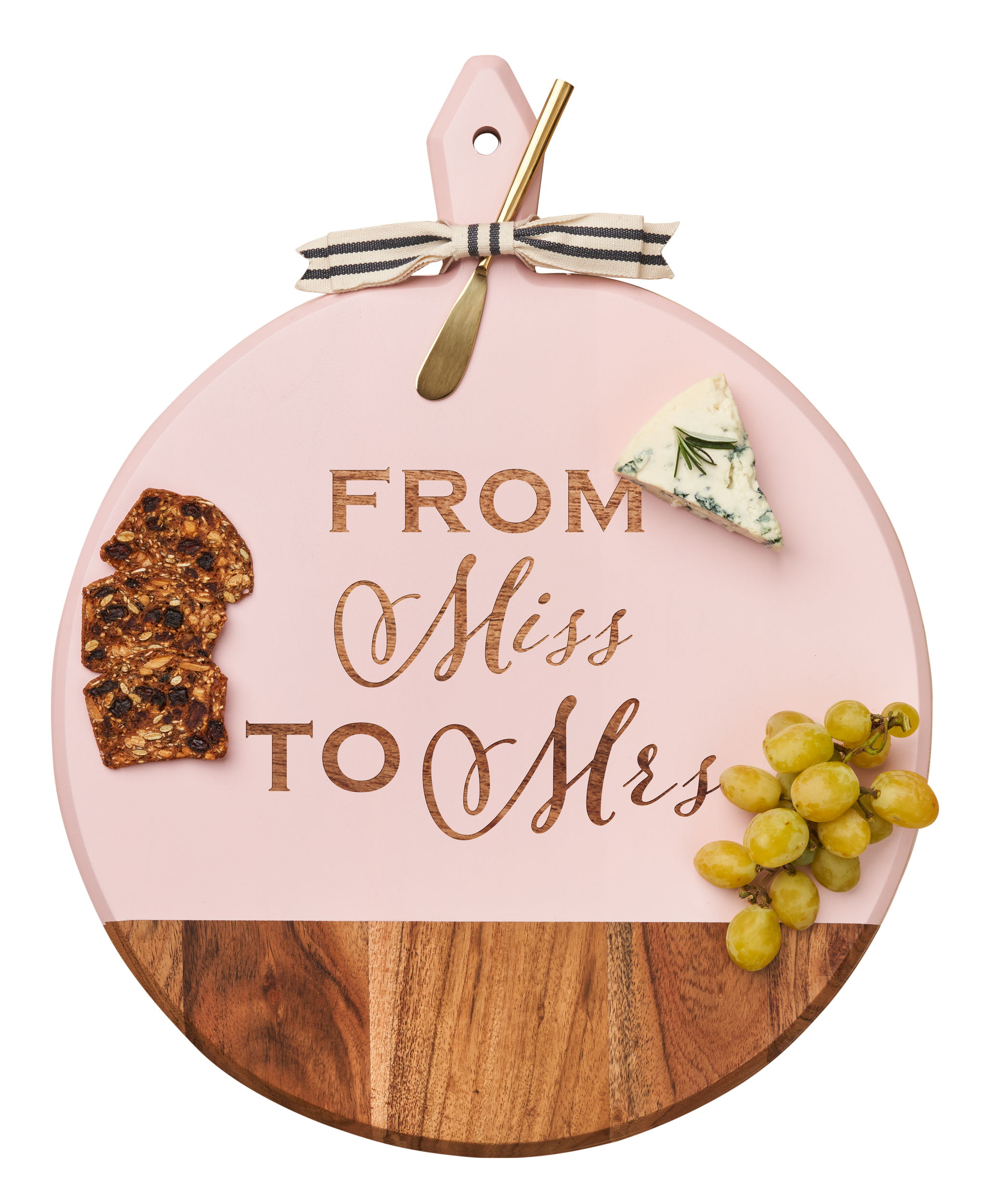 Acacia Wood Heirloom Charcuterie Board with Handle - Round Gold Cheese Spreader & Gray White Ribbon - Pink Bridal Shower Gift for From Miss to Mrs - 20 x 16 Inches - Perfect for Wedding Cheese Platters & Anniversary Celebrations