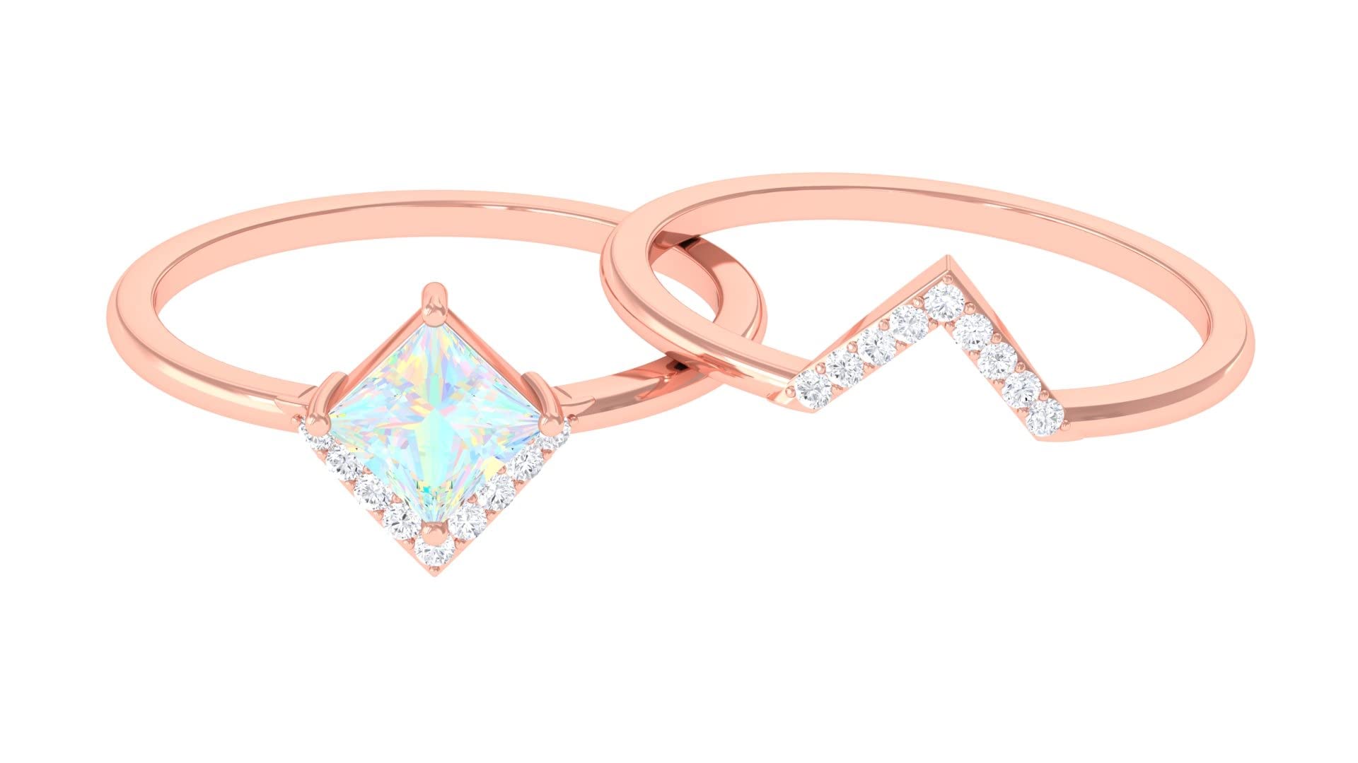 Exquisite 14K Solid Gold Ethiopian Opal & Diamond Wedding Ring Set - Princess Cut Opal & Diamond Engagement Ring, Minimalist Gold Band for Women - Perfect for Bridal, Anniversary & Special Occasion Jewelry Gifts