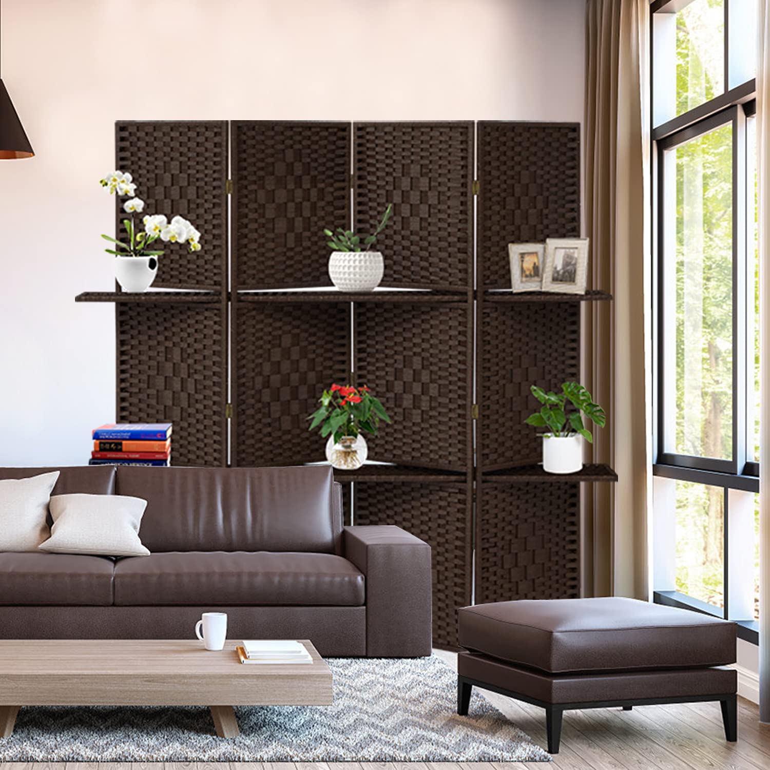 4-Panel Wood Privacy Screen with Removable Shelves - Freestanding Folding Room Divider for Living Room, Study & Office - Natural Brown Finish for Home & Office Privacy Solutions