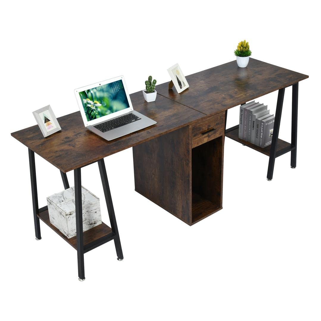 Wildmont 78 Inch Two Person Computer Desk - Double Workstation with Monitor Stand & Storage Drawer Cabinet for Home Office, Gaming & Study - Brown Wooden Desk for Couples, Roommates & Small Spaces
