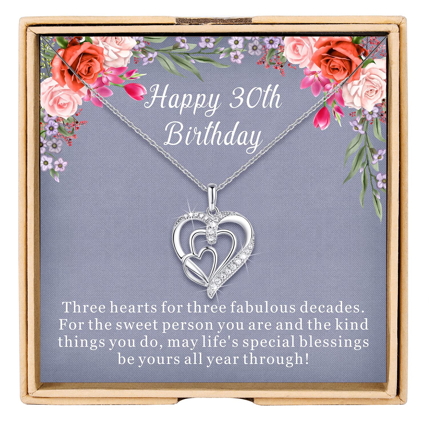 BALABELLE 30th Birthday Gift for Women - 925 Sterling Silver Three Heart Necklace - Elegant 30 Year Old Birthday Present for Her - Perfect for Anniversaries, Milestone Celebrations & Special Occasions