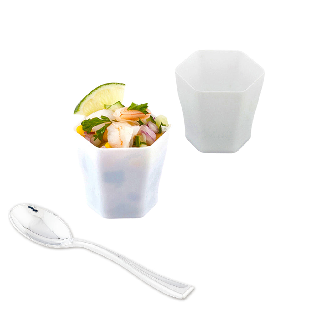 100 Pack 2 oz Hexagon White Plastic Shot Glasses with 100 Silver Mini Plastic Spoons - Perfect for Cocktail Parties, Wedding Favors, and Home Bar Accessories