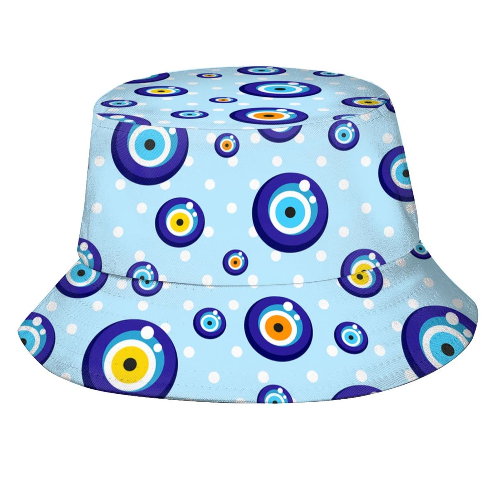Stylish Women's Bucket Hat with Evil Eye Bead & Floral Embroidery - Turkish Evil Eye Protection Sun Hat for Beach, Travel & Outdoor Activities (Unisex)