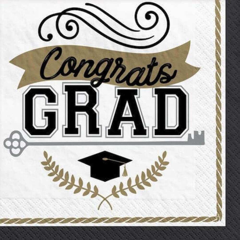 Premium 5x5 Inch Gold Black & White Graduation Napkins (100-Pack) - Elegant Paper Beverage Napkins for Parties, Celebrations & Special Events - Perfect for Graduation Gifts, Birthday Decor & Wedding Receptions