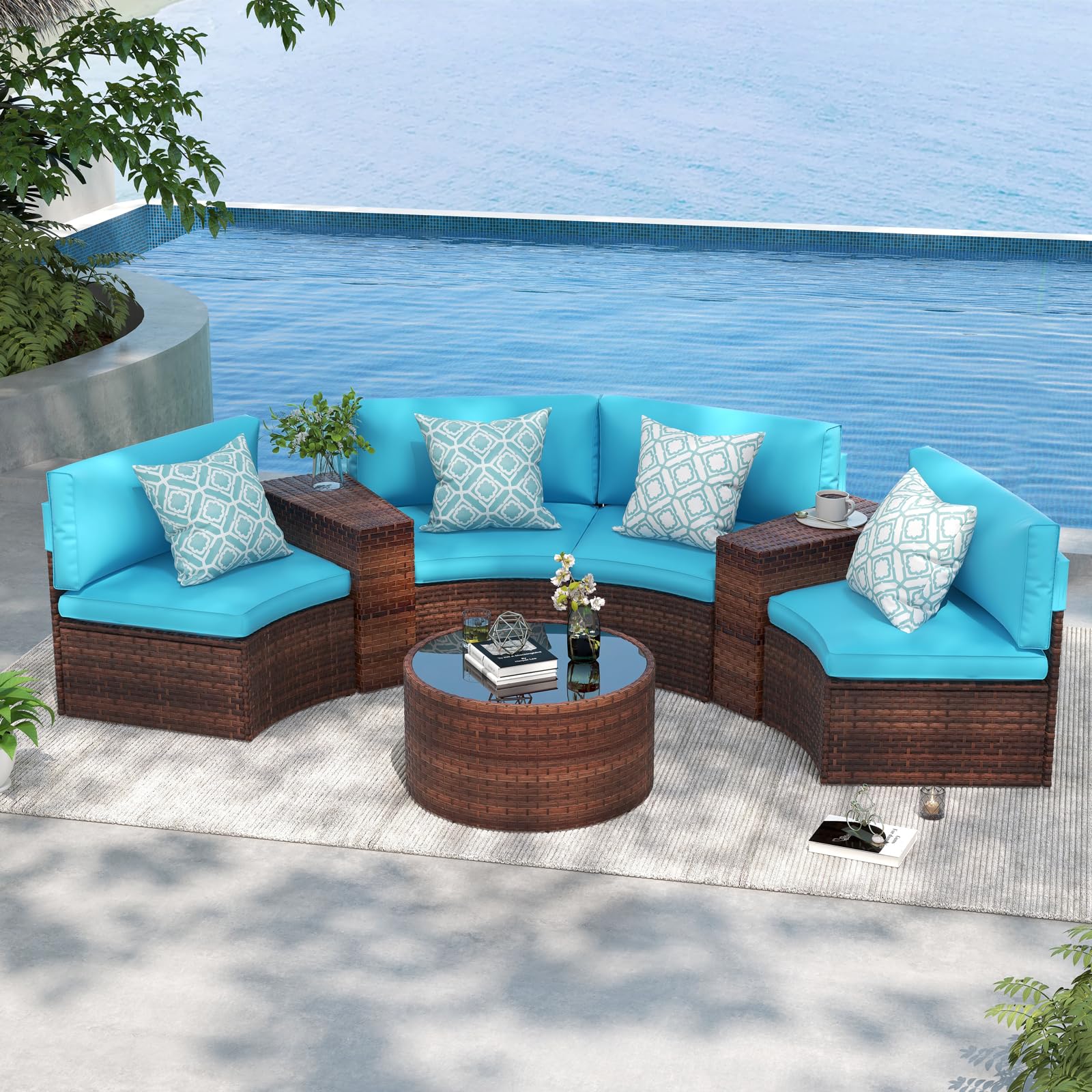 OC Orange-Casual 7-Piece Brown Rattan Patio Furniture Set - All-Weather Wicker Half-Moon Outdoor Sofa with Coffee Table & Turquoise Cushions (Includes Pillows & Waterproof Cover) - Perfect for Garden, Backyard, Poolside or Balcony Relaxation