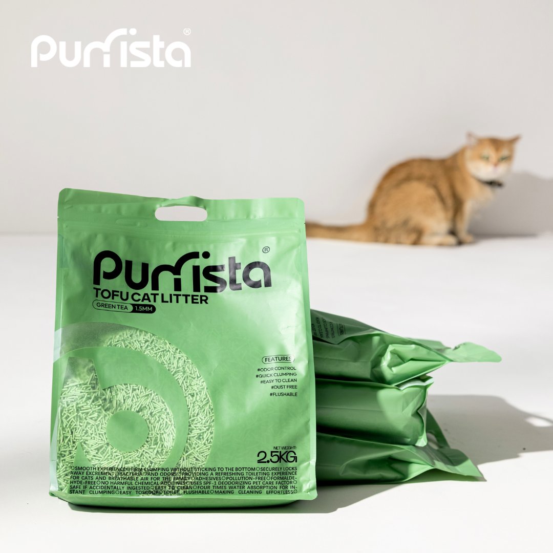 Purrista Fresh Green Tea Tofu Cat Litter - 2.5kg Natural Clumping, Odor Control, Dust-Free - Eco-Friendly & Flushable for Kittens & Adult Cats - Perfect for Home & Multi-Cat Households