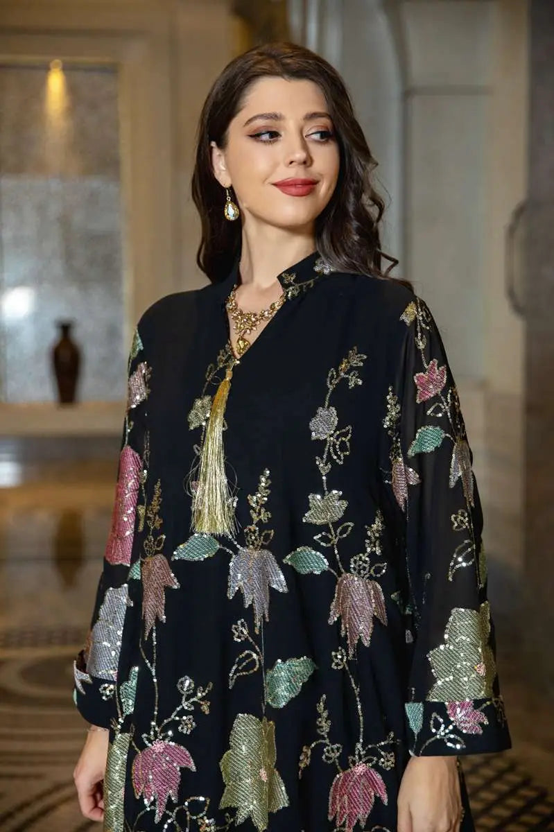 Elegant Eid Dress for Women - Embroidered Sequin Chiffon Kaftan Caftan Outfit | Perfect for Eid Celebrations, Weddings & Special Occasions