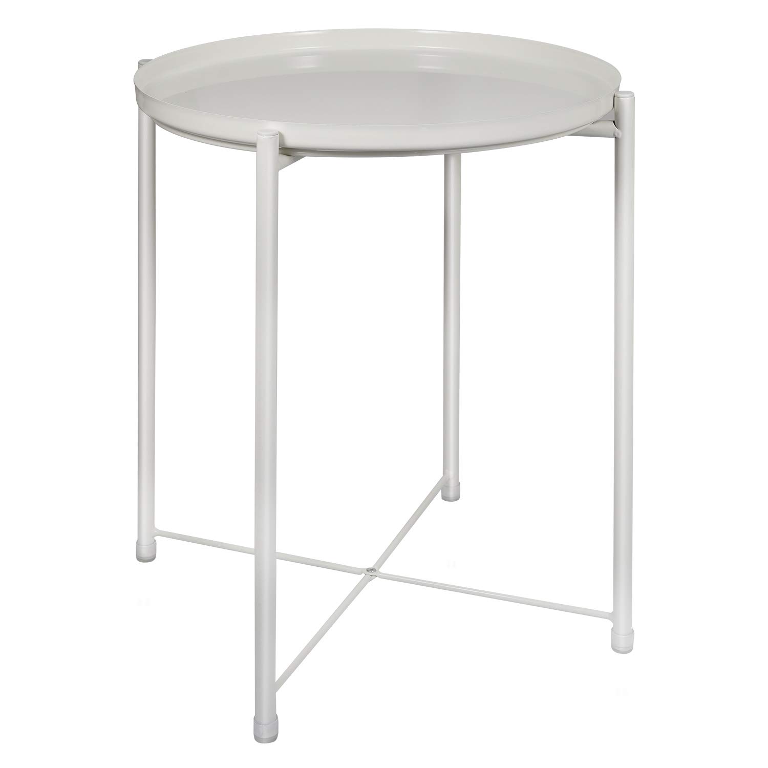 Round Metal Tray End Table - Small Side Table with Removable Tray for Living Room, Bedroom, Outdoor & Indoor Use - Perfect Nightstand and Sofa Snack Table (White)