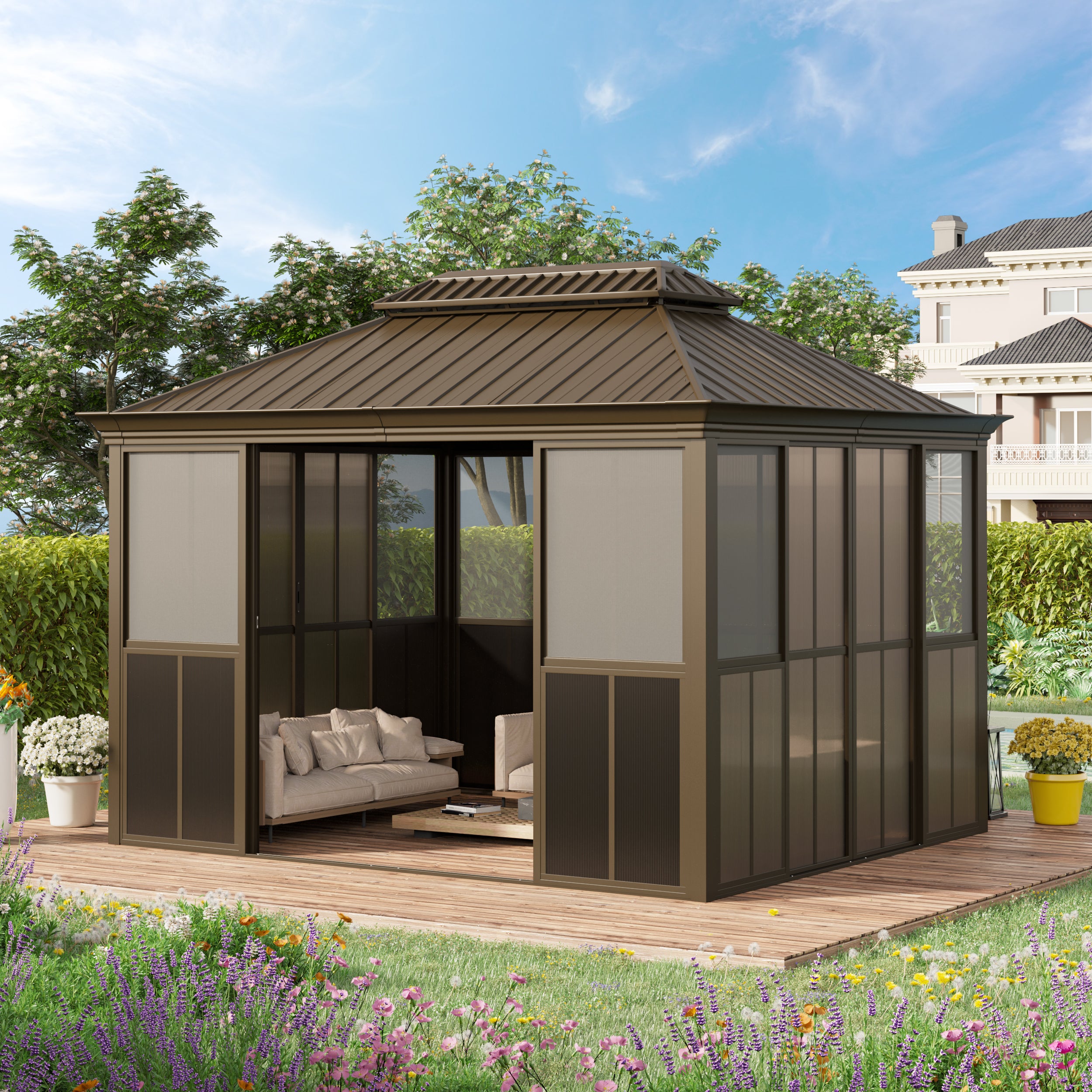 EROMMY 10X12 Florida Sunroom Greenhouse with Sliding Door - Brown Backyard Garden Room for Relaxation & Plant Growing