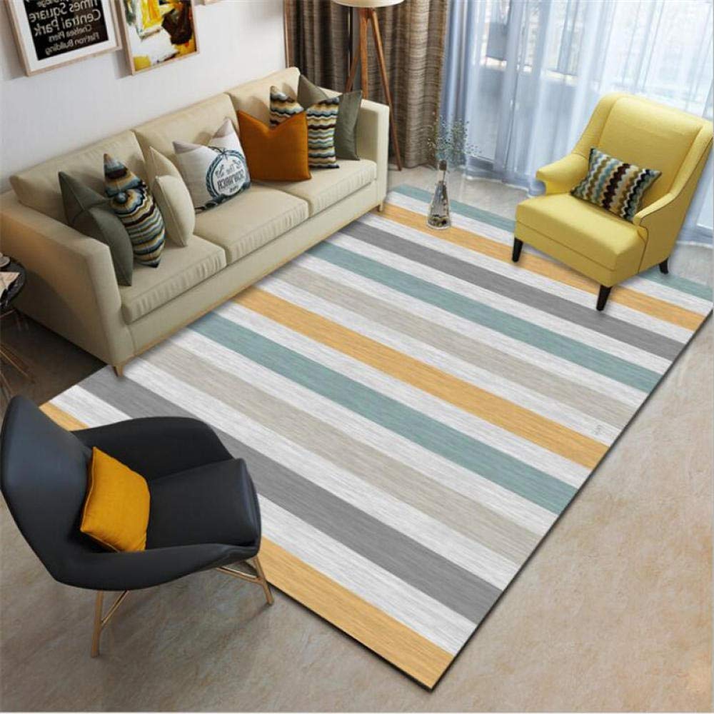 Ultra Soft Green Yellow Gray Striped Area Rug 120x160cm - Non-Skid Short Pile Living Room Bedroom Rug for Home Decor | Modern Floor Mat for Dorm, Nursery & Office