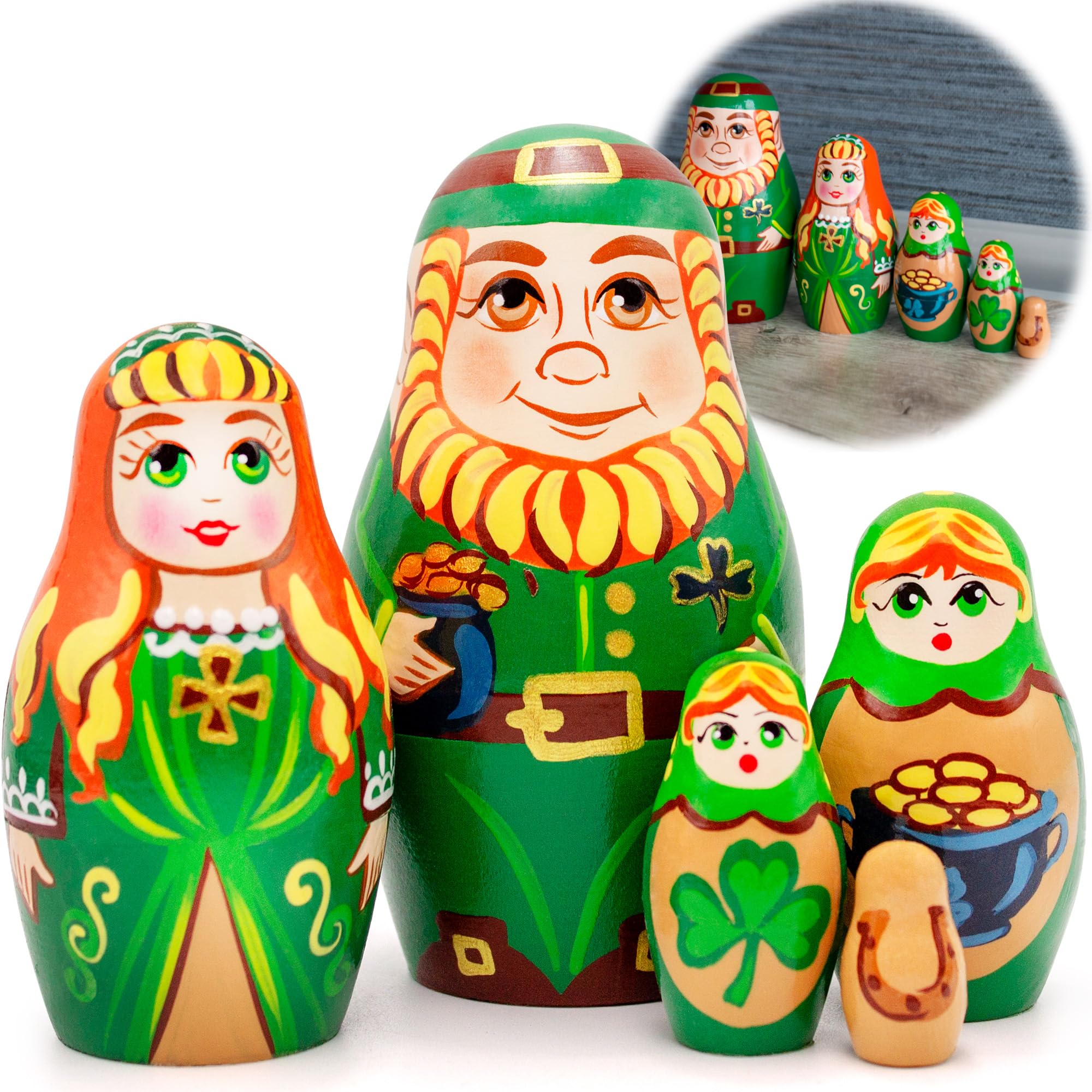 St. Patrick's Day Russian Nesting Dolls Set of 5 - Hand-Painted Matryoshka Dolls for Home Decor, Irish-Themed Collectibles - Perfect St. Patrick's Day Gifts for Adults, Party Favors & Irish-Themed Home Decorations
