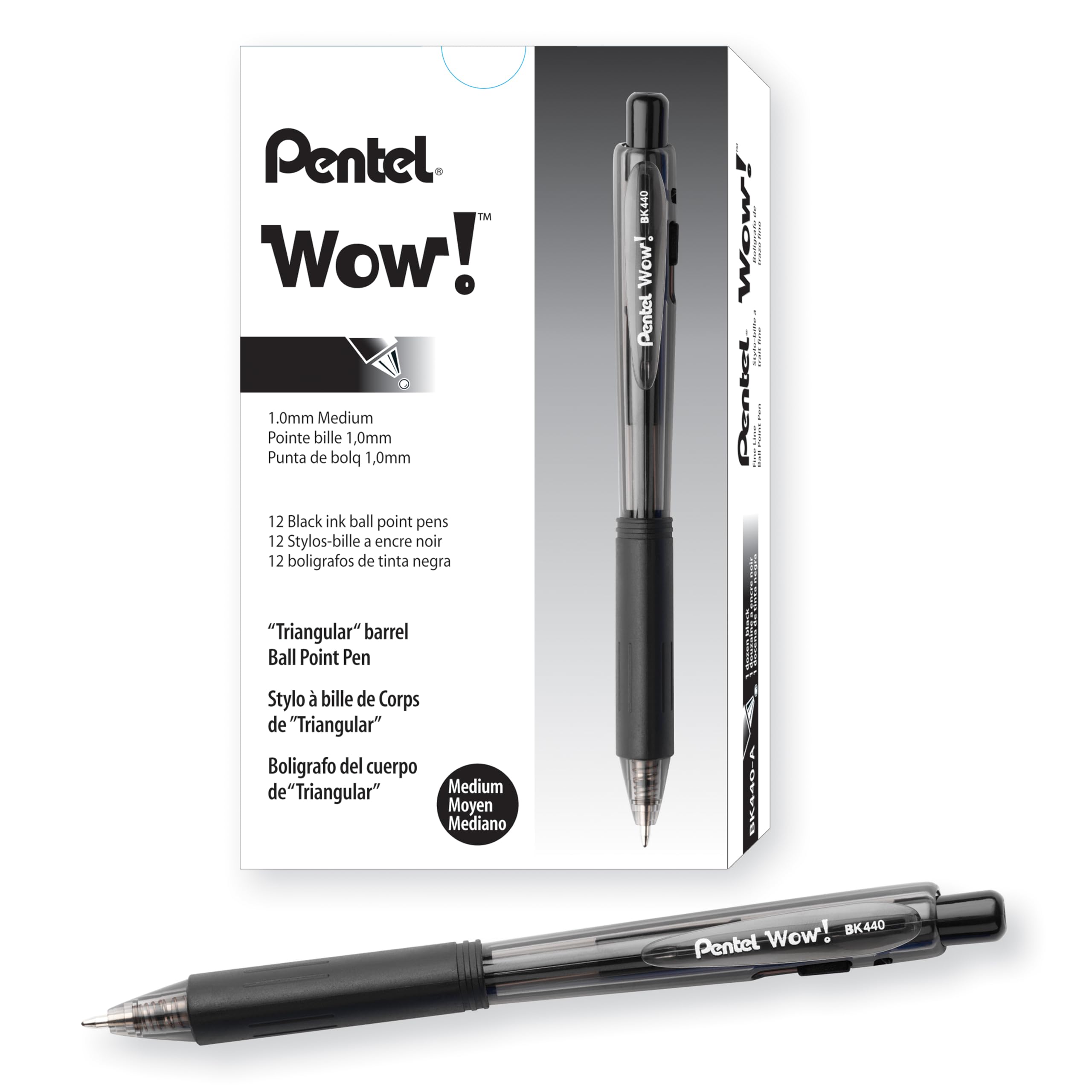 Pentel WOW Retractable Ballpoint Pens - 12 Pack Medium Point 1.0mm Black Ink Pens with Transparent Barrel for Office, School & Home Use