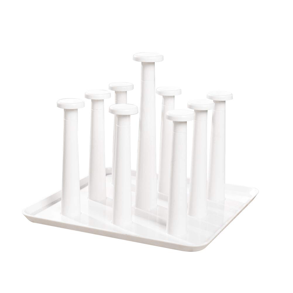 DOITOOL Plastic Wine Glass Holder - 9 Cup Hanging Rack with Tray for Drying & Organizing Mugs, Ideal for Kitchen, Bar, Hotel & KTV Use (White)