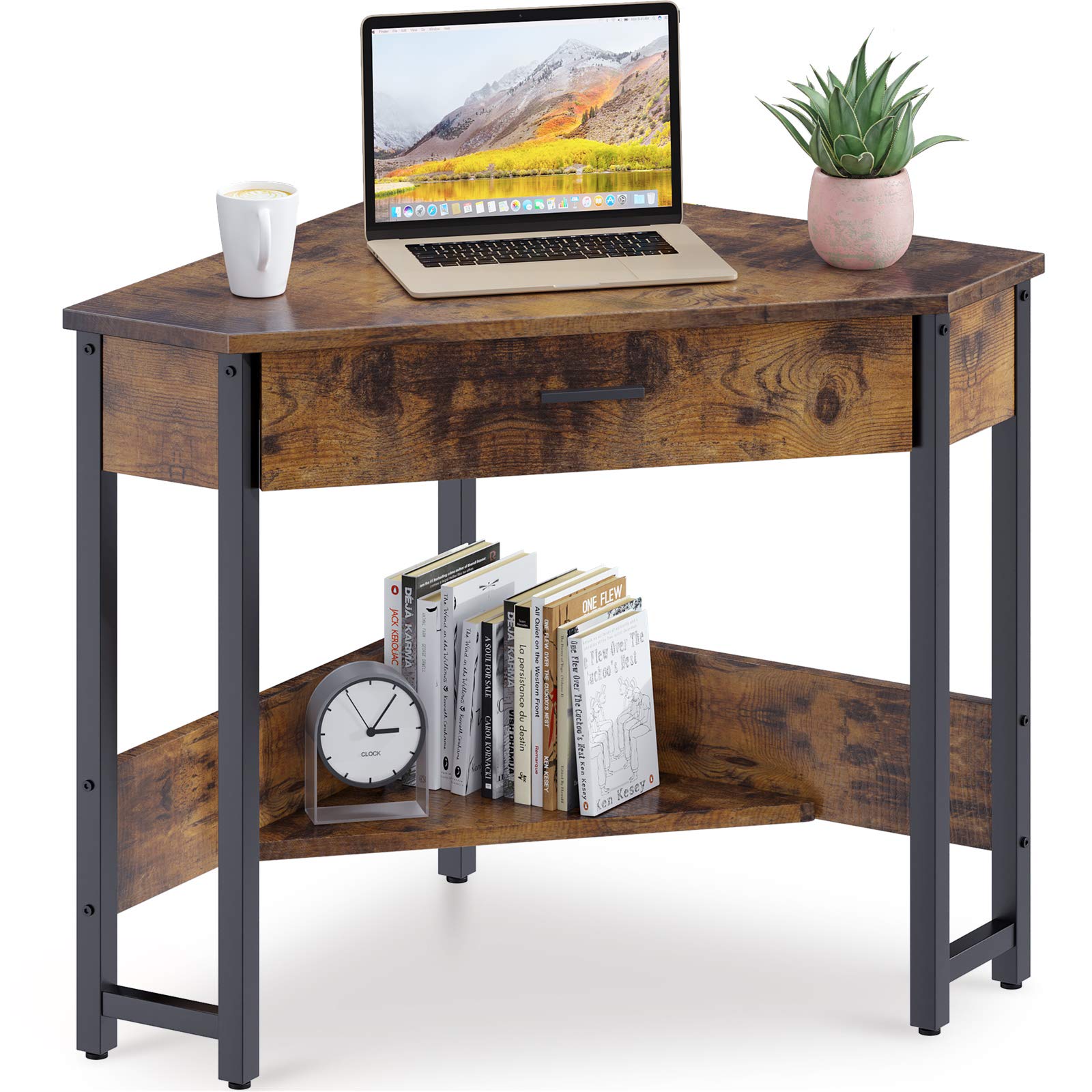 ODK Corner Desk - Triangle Computer Desk with Large Drawer & Storage Shelves, Small Space Home Office Workstation - Perfect for Bedroom, Dorm, Study Room & Apartment Workspace