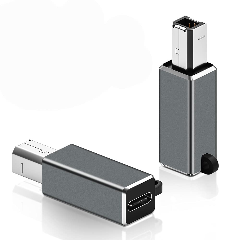 USB C Female to USB B Male Adapter (2-Pack) - USB Type C to Printer Cable Converter for Brother, HP, Canon, Lexmark, Dell, Xerox, Samsung Printers & Piano DAC - Fast Data Sync - Durable Grey Design - Perfect for Office, Home & Music Studio Connectivity