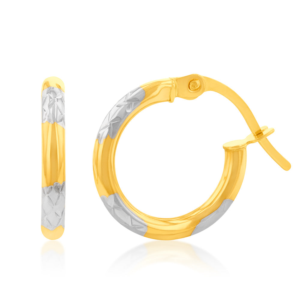 9ct White and Yellow Gold Two-Tone Diamond Cut 10mm Hoop Earrings for Women - Elegant Double-Sided Design Perfect for Parties, Weddings & Everyday Wear