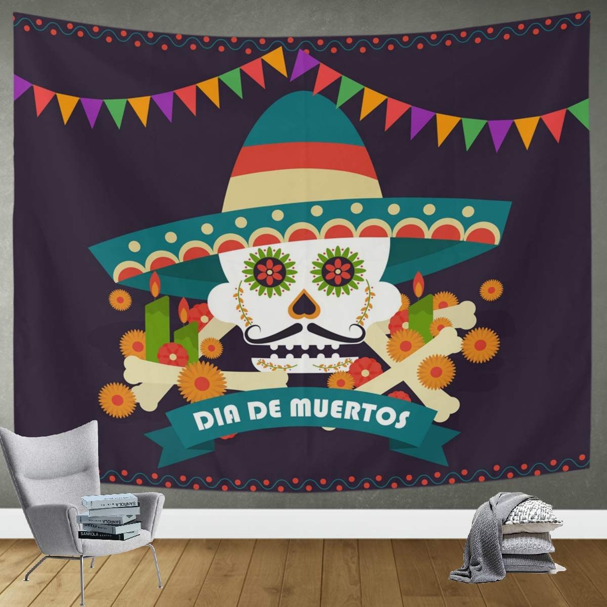 DOMIKING Halloween Mexican Skull Tapestry Wall Hanging - 90x60in Trippy Wall Art for Bedroom, Living Room Decor | Perfect for Boho Home Decor, Dorm Room & Party Backdrop