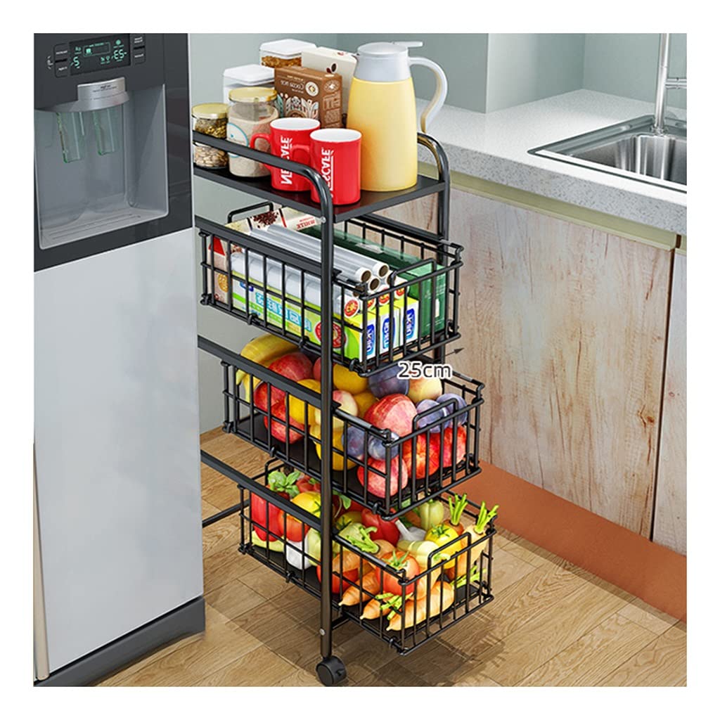 3-5 Tier Metal Wire Fruit & Vegetable Basket Stand with Wheels - Kitchen Floor Storage Organizer for Produce, Pantry (Black, 30x40.8x98cm) - Perfect for Fresh Food Display & Organization in Home, Restaurant, or Grocery Store