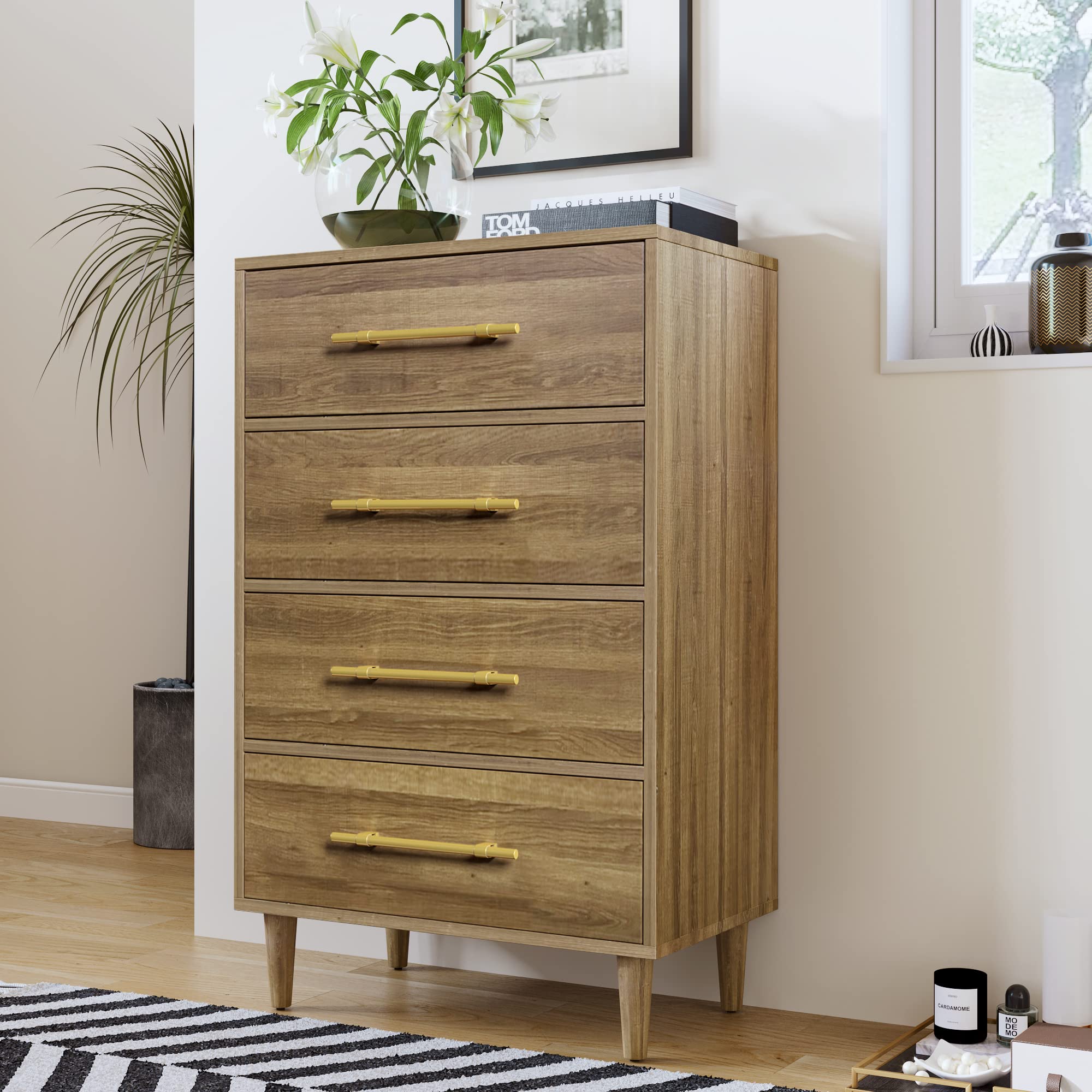 Mid-Century Modern 6-Drawer Dresser with Golden Handles - Solid Walnut & MDF Wooden Chest - Perfect for Bedroom, Living Room, or Office Storage (Mirror Not Included)