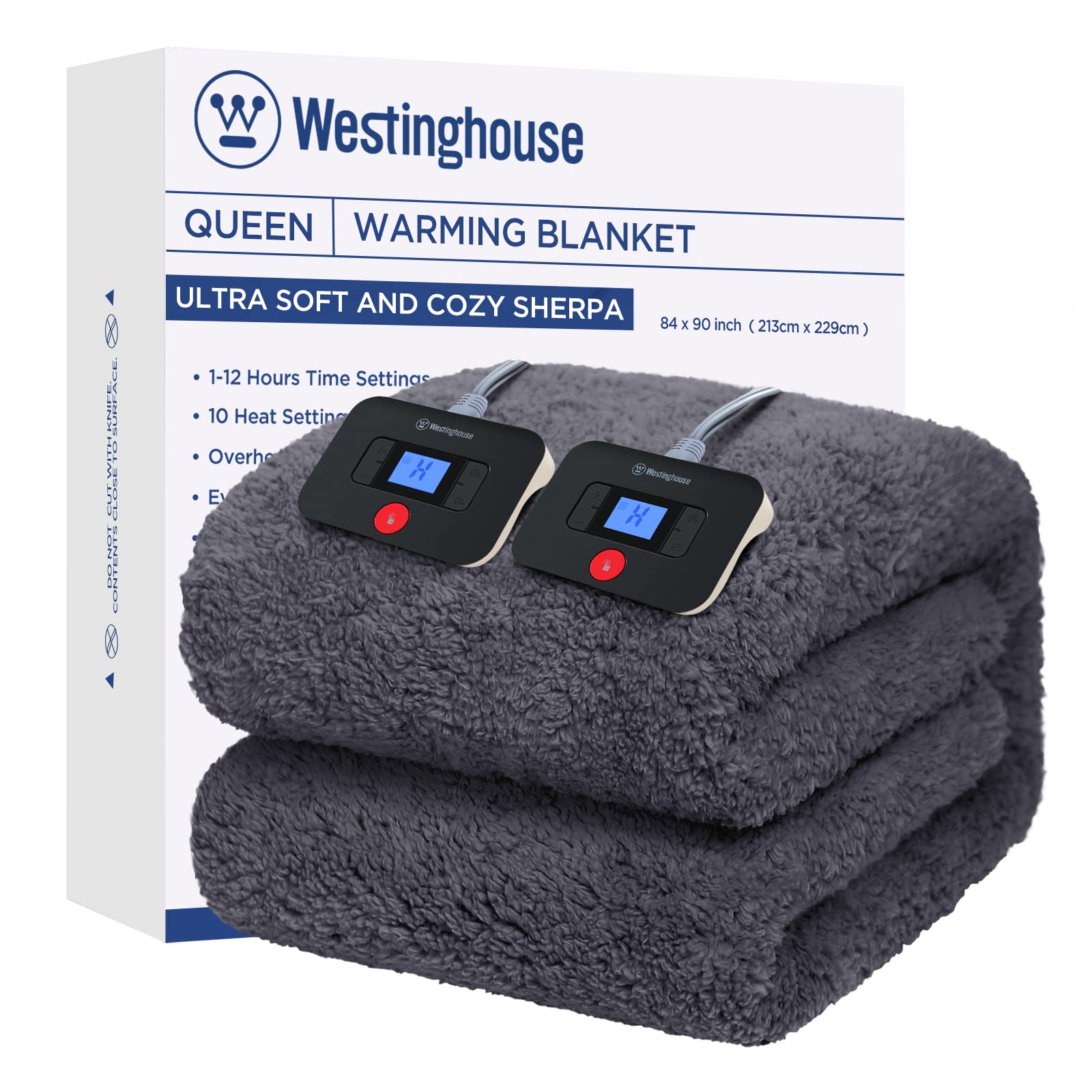 Westinghouse Electric Heated Blanket Queen Size 84x90 Inches - 10 Heat Settings, Auto-Off Timer (1-12 Hours), Machine Washable Soft Plush Sherpa - Dark Grey | Perfect for Cold Nights, Bedroom Comfort, Winter Warmth & Cozy Home Decor