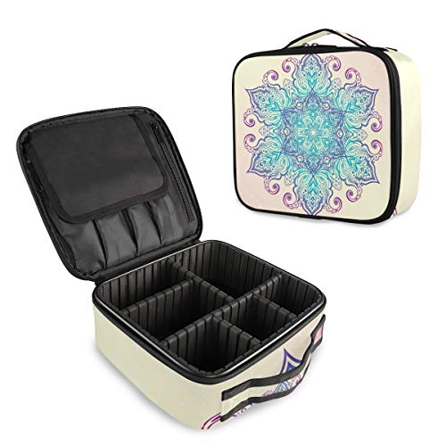 Mandala Flowers Indian Makeup Train Case - Travel Cosmetic Bag with Adjustable Dividers for Makeup Tools - Perfect for Travel & Salon Use