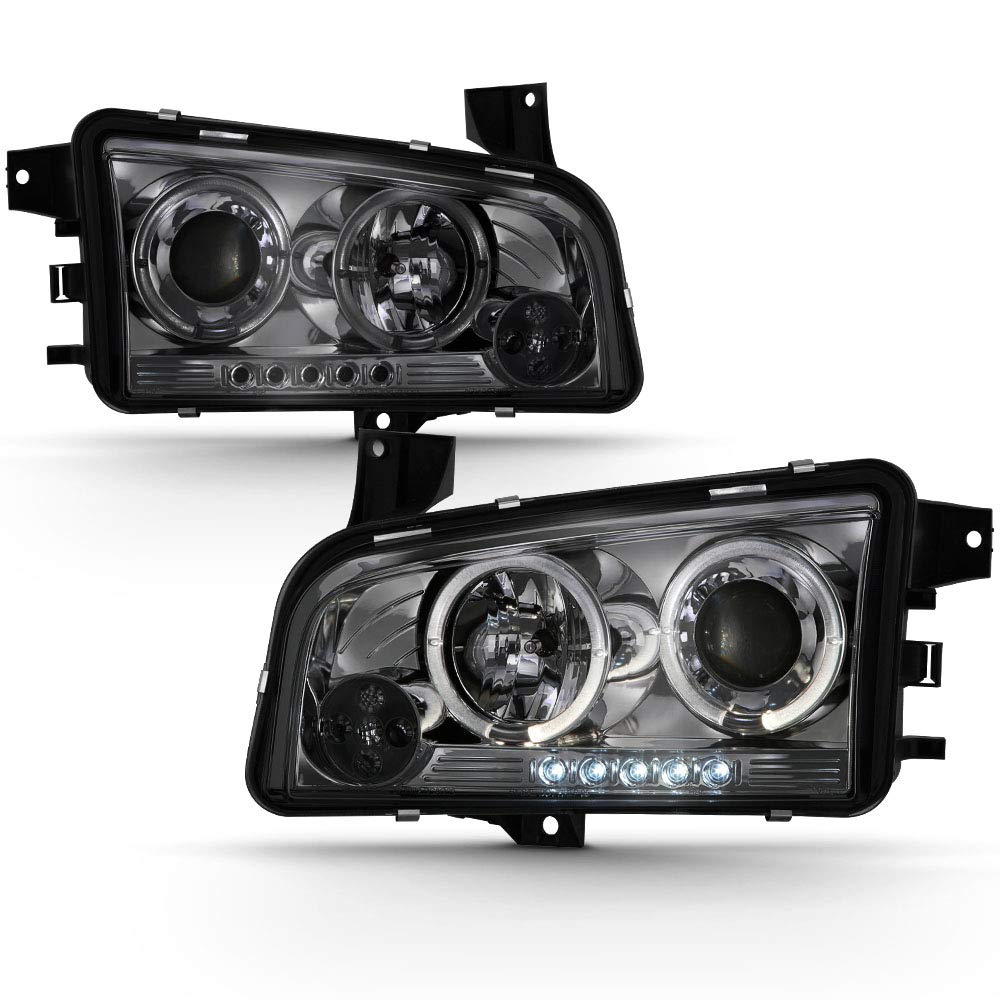ACANII LED Halo Projector Headlights Assembly for 2006-2010 Dodge Charger - Smoked Lens, Driver & Passenger Side - Upgrade Your Night Driving Visibility & Style