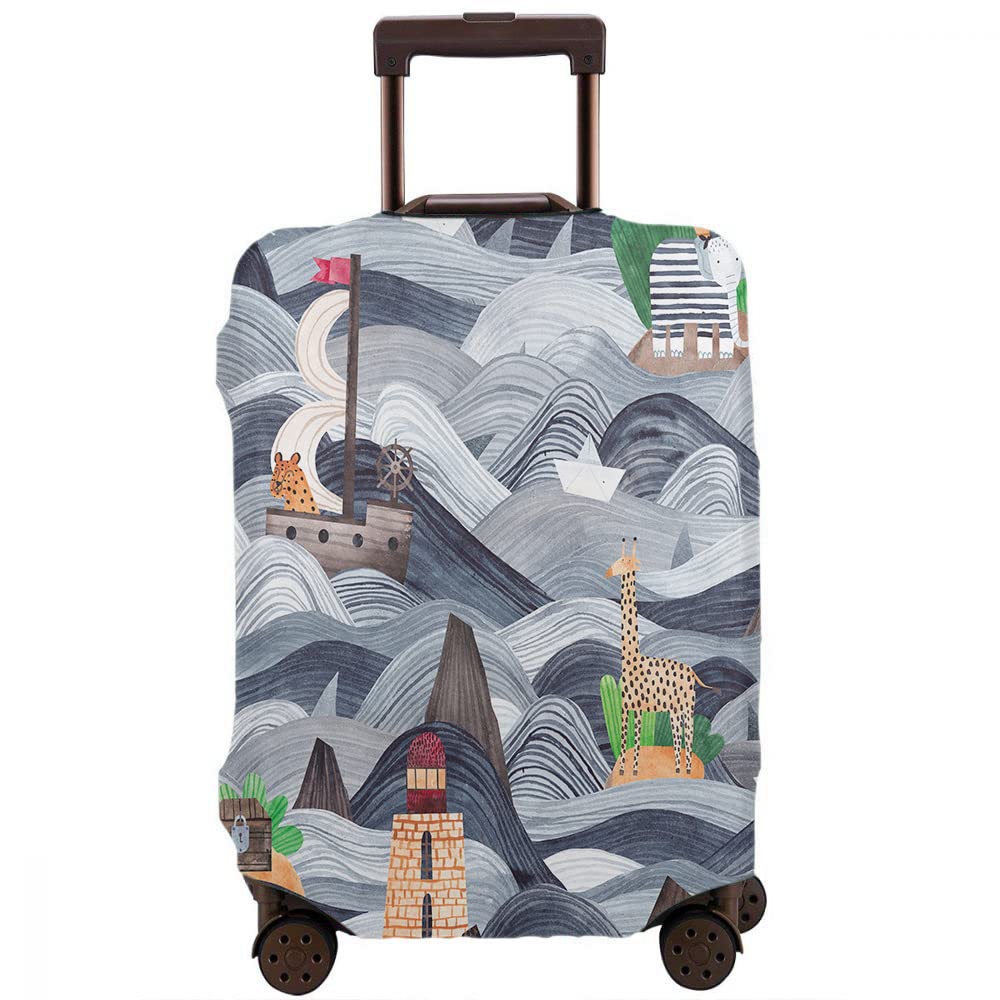 Beabes Waterproof Luggage Cover - Ocean Waves Island Lighthouse Giraffe Animals Design Suitcase Protector for 18-21 Inch Bags | Travel Accessories for Vacation, Cruise & Airplane Trips