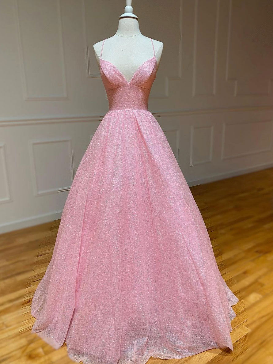 Elegant Pink V-Neck Long Prom Dress with Sequin & Tulle Details - A-Line Evening Gown for Homecoming, Formal Dances & Special Occasions