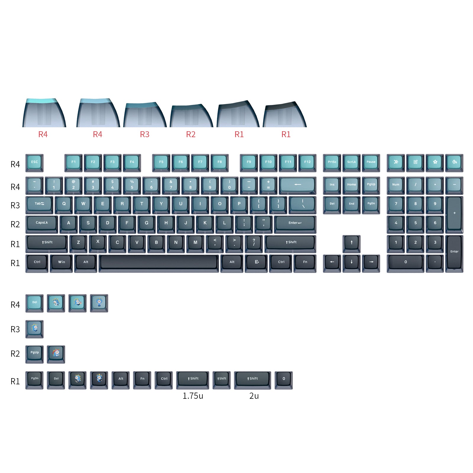 YUNZII Gradient Blue Keycap Set - 129 Keys PBT Dye-Sub Keycaps for Mechanical Keyboards - Perfect for Gaming, Typing & Custom Builds
