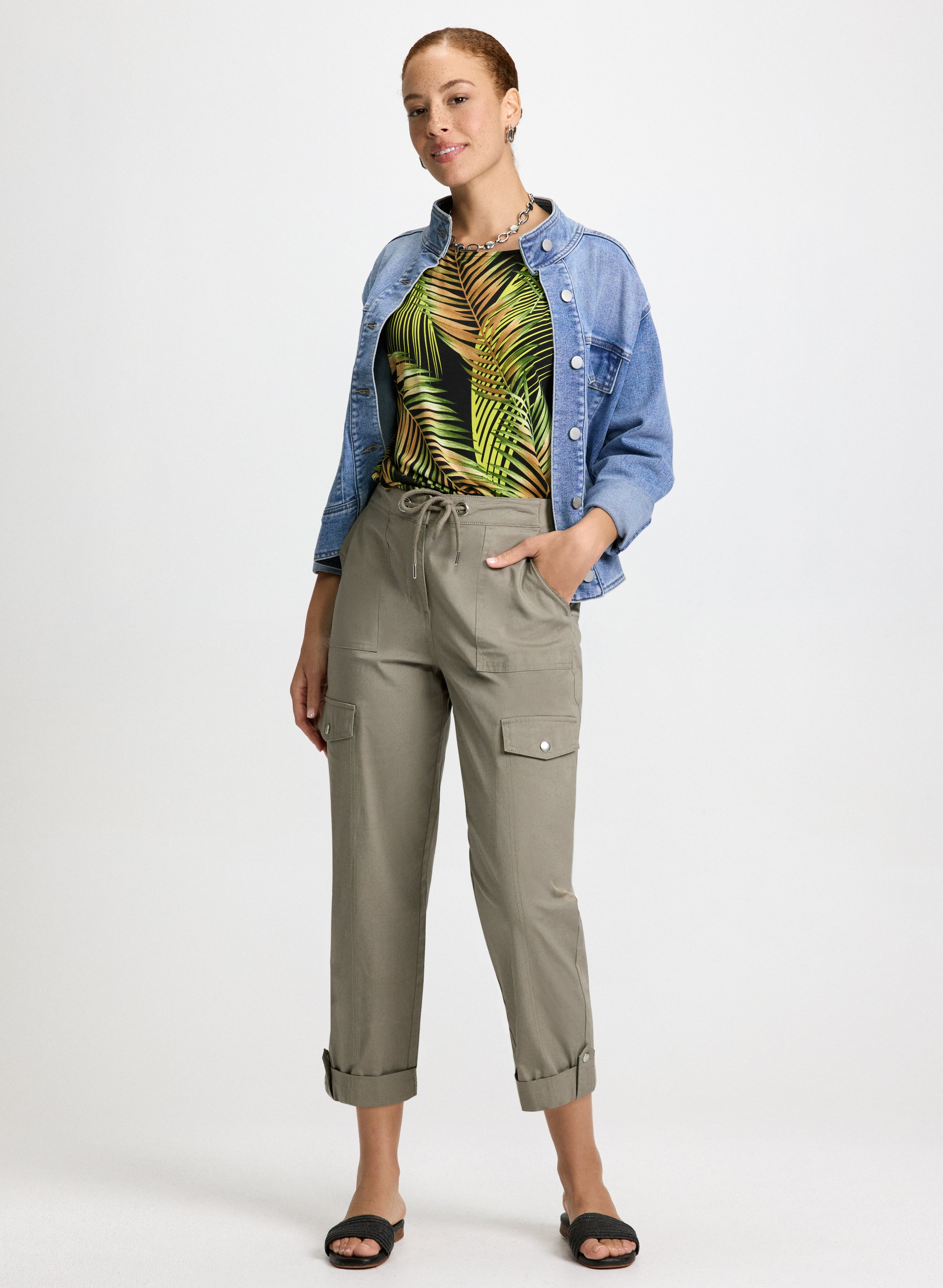 Stylish Cargo Pocket Denim Jacket with Drawstring Waist Capris Set - Perfect for Casual Outings, Travel & Outdoor Adventures