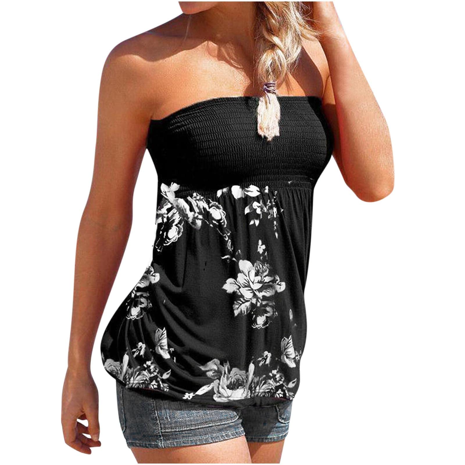 Women's Loose Strapless Bandeau Tank Tops - Casual Sleeveless Printed Blouse for Summer Beach, Yoga & Everyday Wear