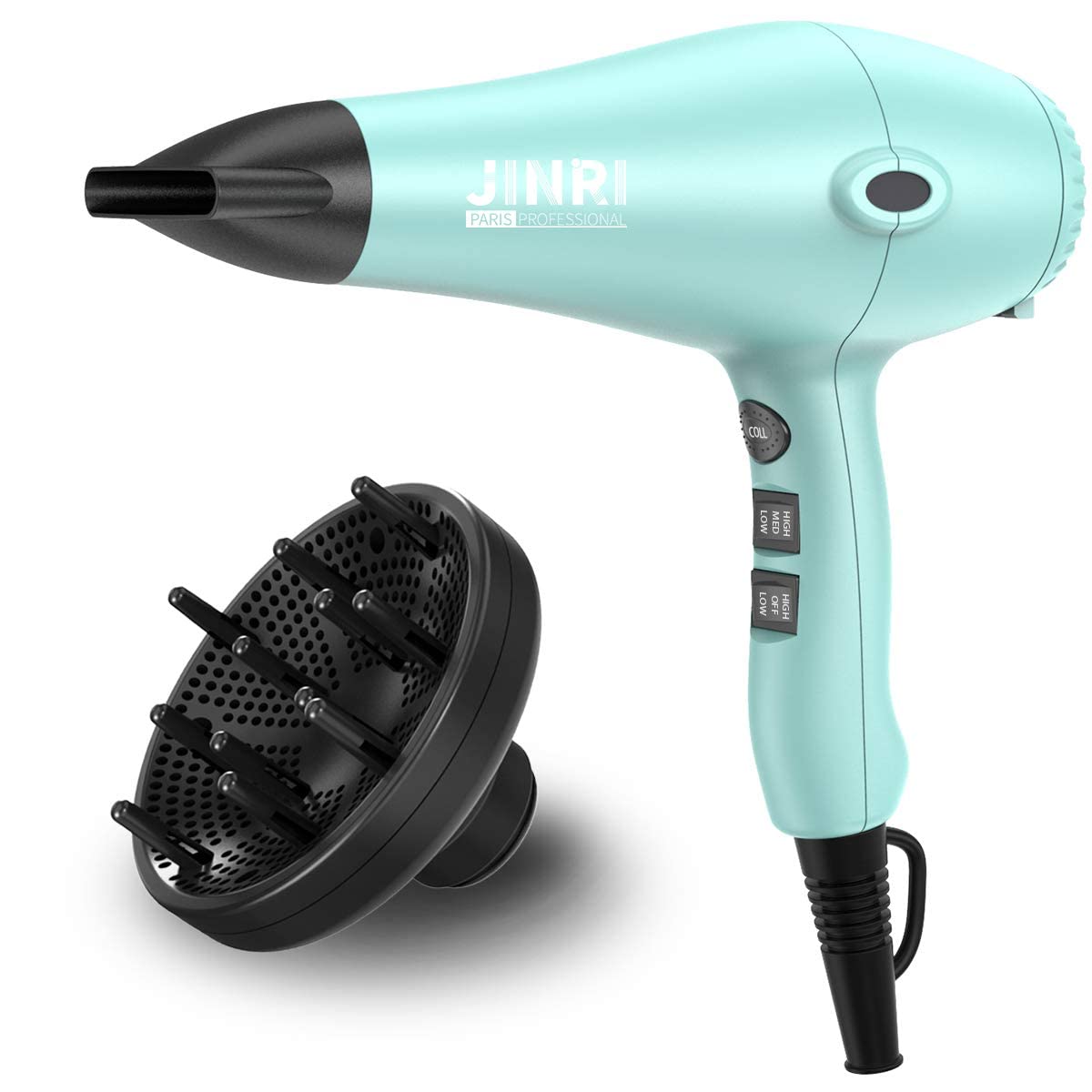 1875W Professional Tourmaline Hair Dryer with Negative Ions - Lightweight & Quiet Salon Blow Dryer with Diffuser & Concentrator for Fast Drying & Frizz Control (Green) - Perfect for Home Use, Travel & Styling Salons