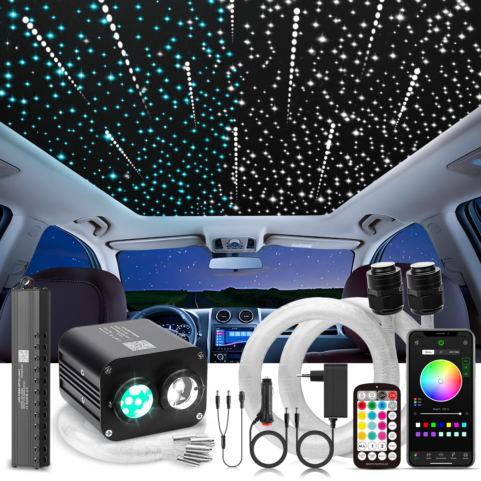 20W Twinkle LED Fiber Optic Lights with Bluetooth APP & Remote Control - 550pcs 0.03in Fiber Cable & Shooting Star Kit for Car Roof & Home Decoration - Perfect for Bedroom, Party, Christmas, and Wedding Decorations