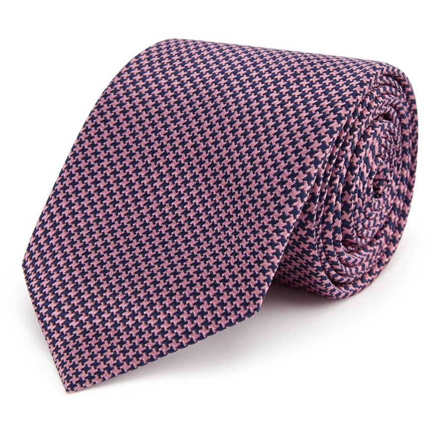 Stylish Navy and Pink Houndstooth Woven Silk Tie for Men - Perfect for Weddings, Business Meetings & Formal Occasions