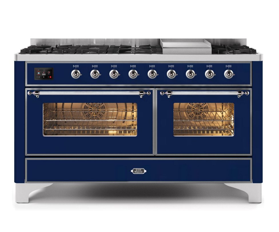 ILVE Majestic II 60-Inch Dual Fuel Range with Blue Chrome Trim - Professional Gas & Electric Oven for Home Chefs - Perfect for Gourmet Cooking & Entertaining