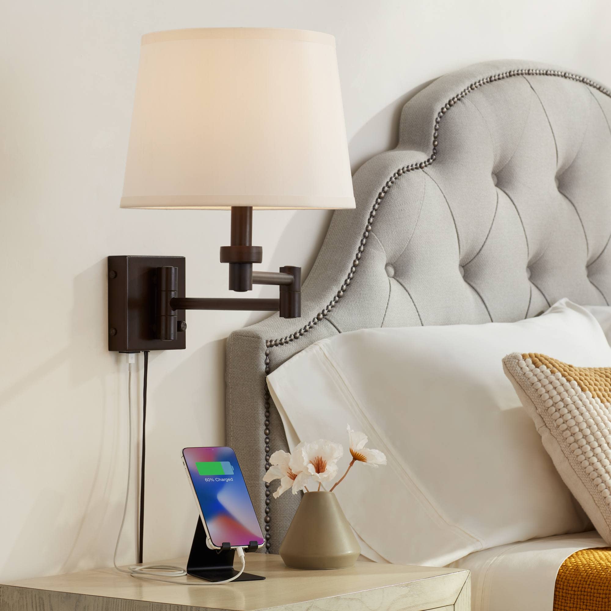 360 Lighting Vero Modern Swing Arm Wall Lamp with USB Charging Port - Oil Rubbed Bronze Plug-in Light Fixture with Cream Drum Shade - Perfect for Bedroom, Living Room, Hallway & Dining Areas (Reading Light, Nightstand Lamp, Home Decor)