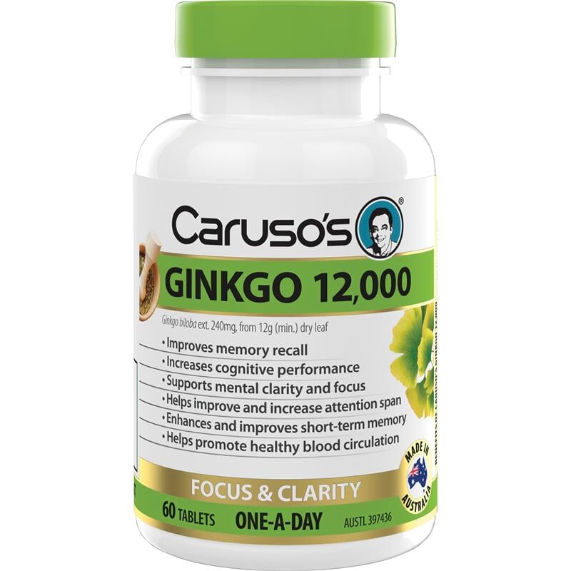 Carusos Ginkgo Biloba 12000mg - Premium Herbal Supplement for Memory & Focus - Supports Brain Health & Cognitive Function - Ideal for Students, Professionals & Seniors