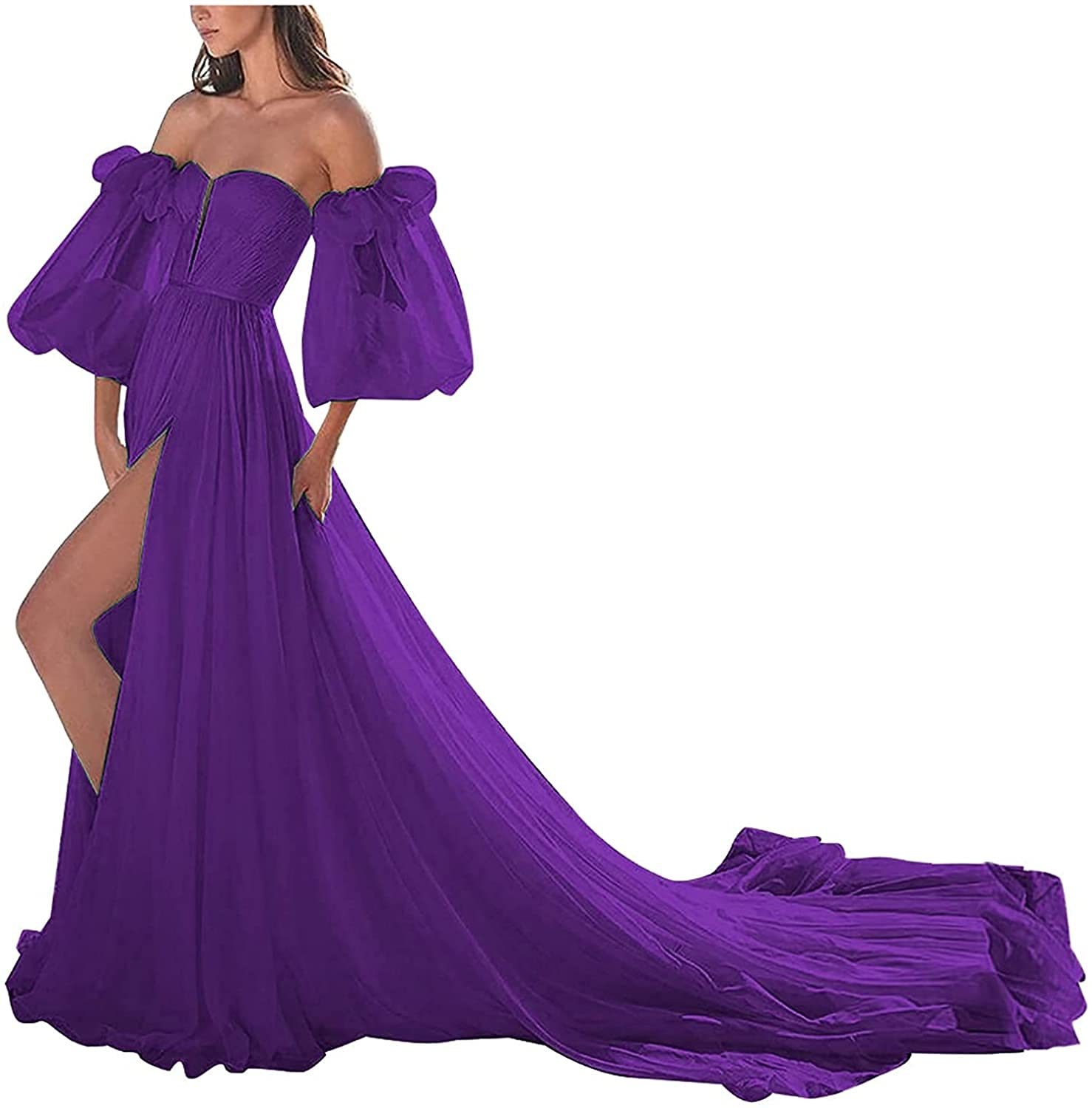 Boqia Off The Shoulder Prom Dresses for Women - Elegant Long Side Slit Ruched Trailing Formal Gown for Wedding, Evening Party & Special Occasions