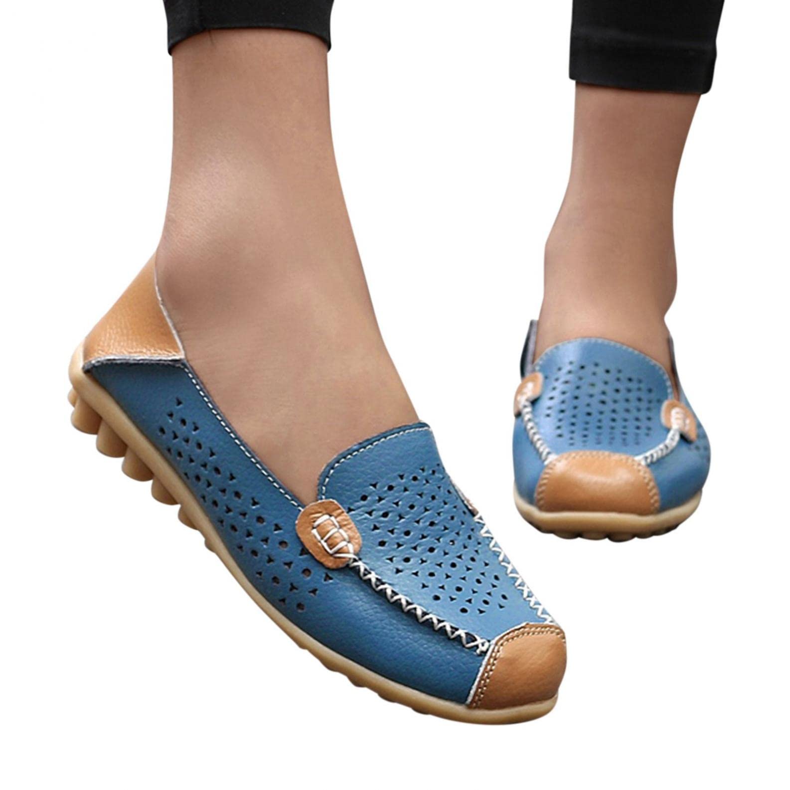 Women's Comfortable Leather Moccasin Loafers - Breathable Hollow Out Cutout Design Slip On Shoes for Casual Walking & Driving | Soft Soled Flat Shoes for Everyday Wear, Office & Travel