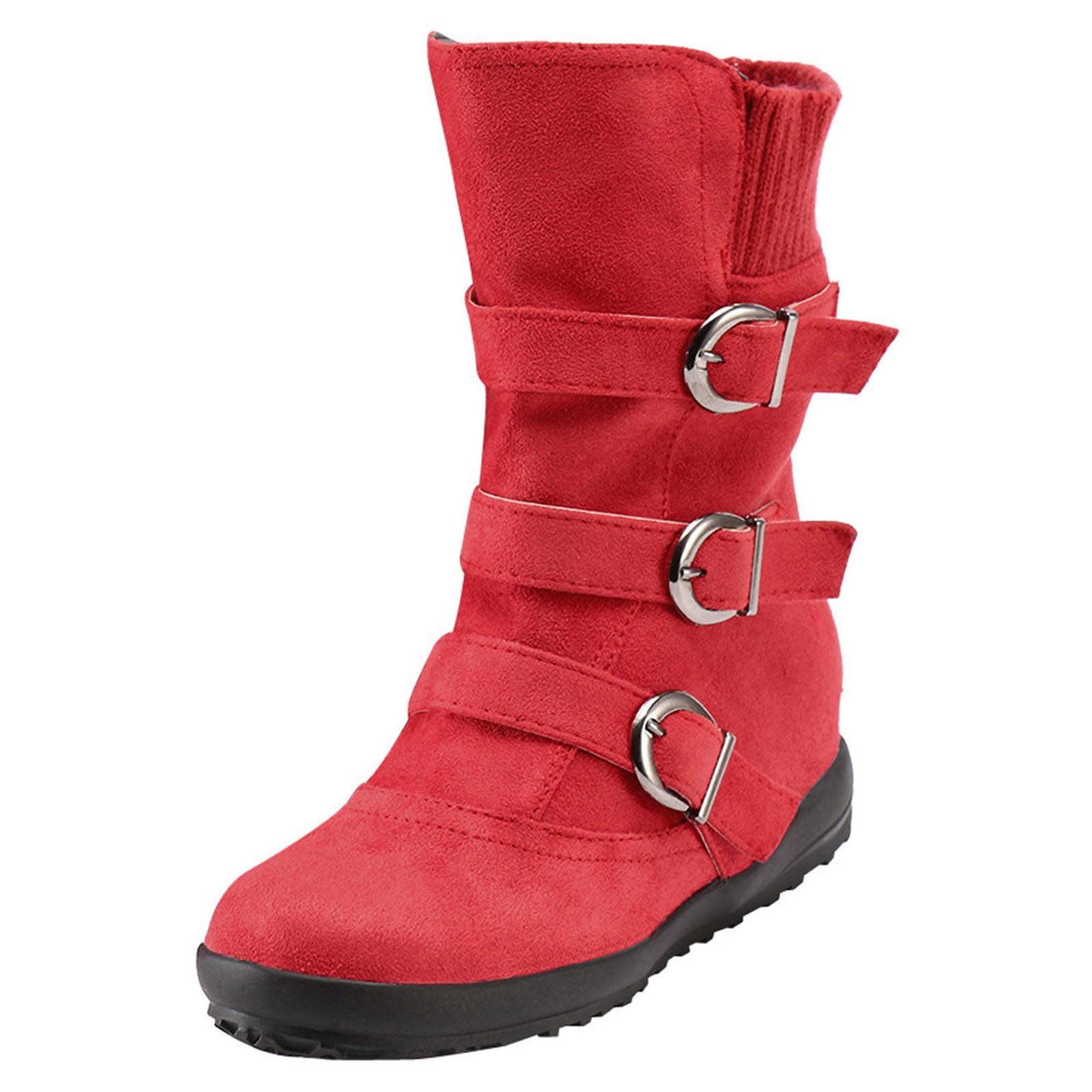 Women's Slouchy Suede Leather Boots - Mid Calf Casual Boots with Buckles, Round Toe & Low Heel for All Seasons | Perfect for Fall, Winter & Everyday Wear