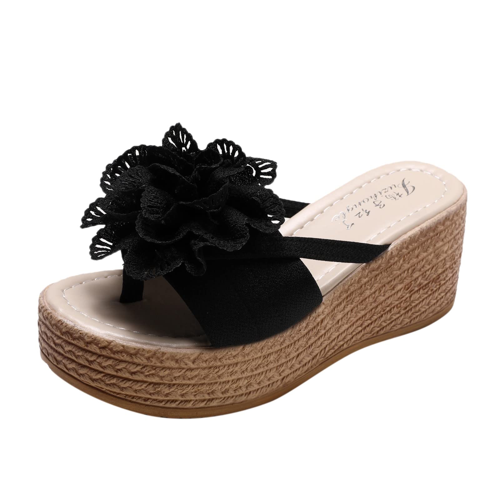 Women's Platform Spring Sandals with Fabric Flowers - Comfortable Slope Heel & Thick Sole for Summer - Black Thong Sandals Size 8.5 | Perfect for Beach, Vacation & Casual Outfits