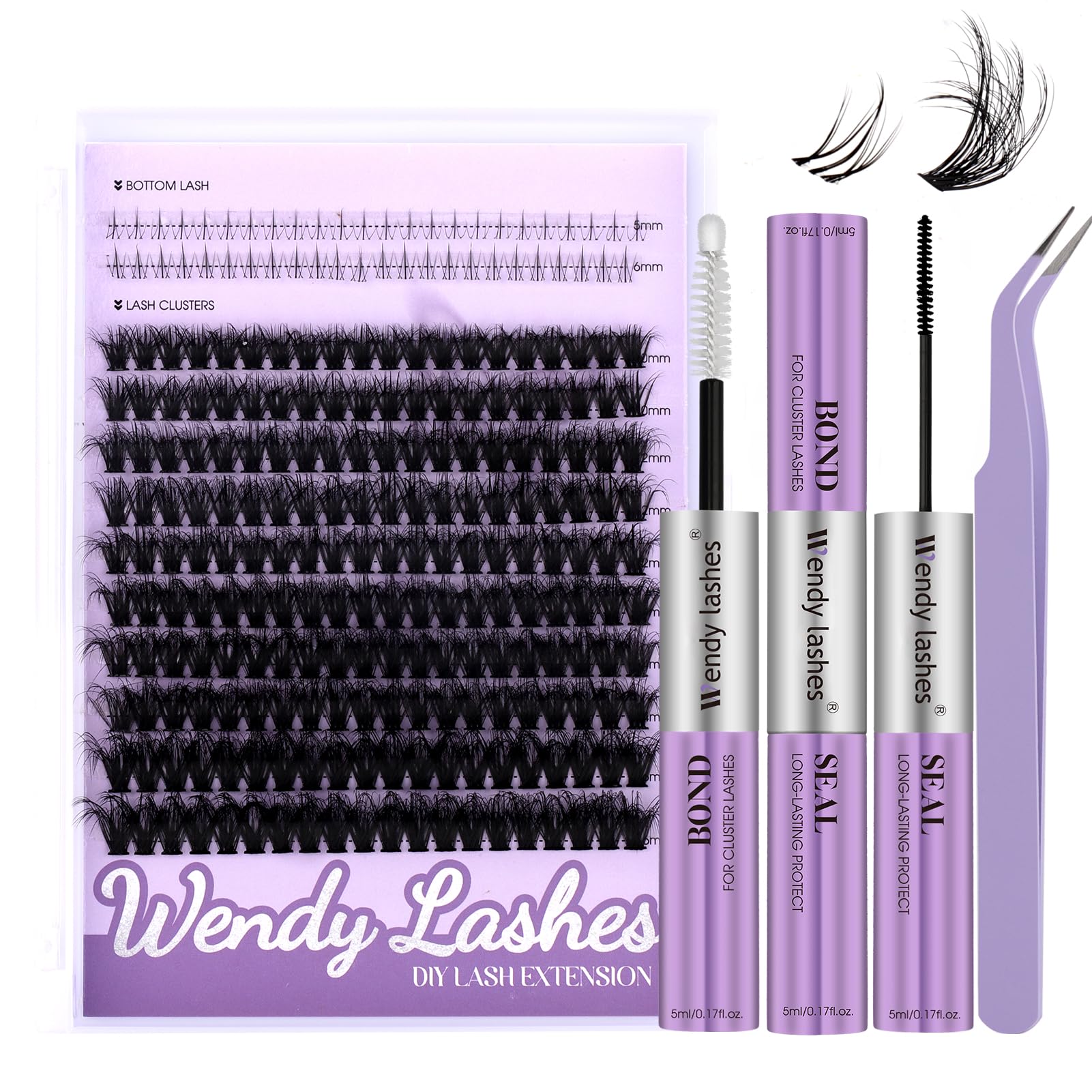 WENDY DIY Eyelash Extension Kit - 3D Volume 50D Cluster Lashes with Bottom Lashes, Bond & Seal, Professional Tweezers | Wispy Soft Individual Lashes for Beginners (10-16mm) | Perfect for Daily Wear, Special Occasions & Professional Makeup