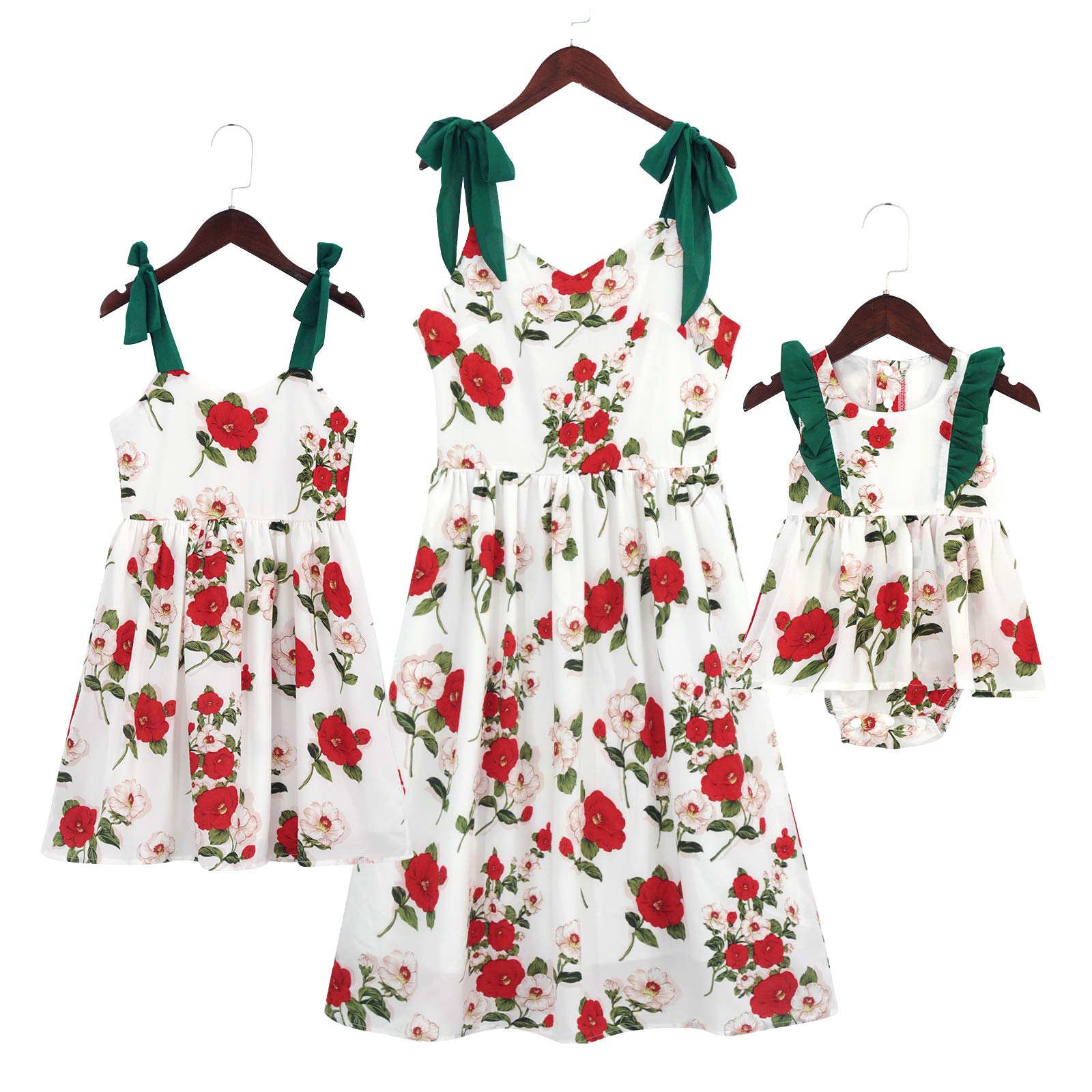 PopReal Mommy and Me Floral Printed Dresses - Shoulder Straps Bowknot Chiffon Sleeveless Matching Outfits for Mother Daughter Photos, Family Events & Summer Outings