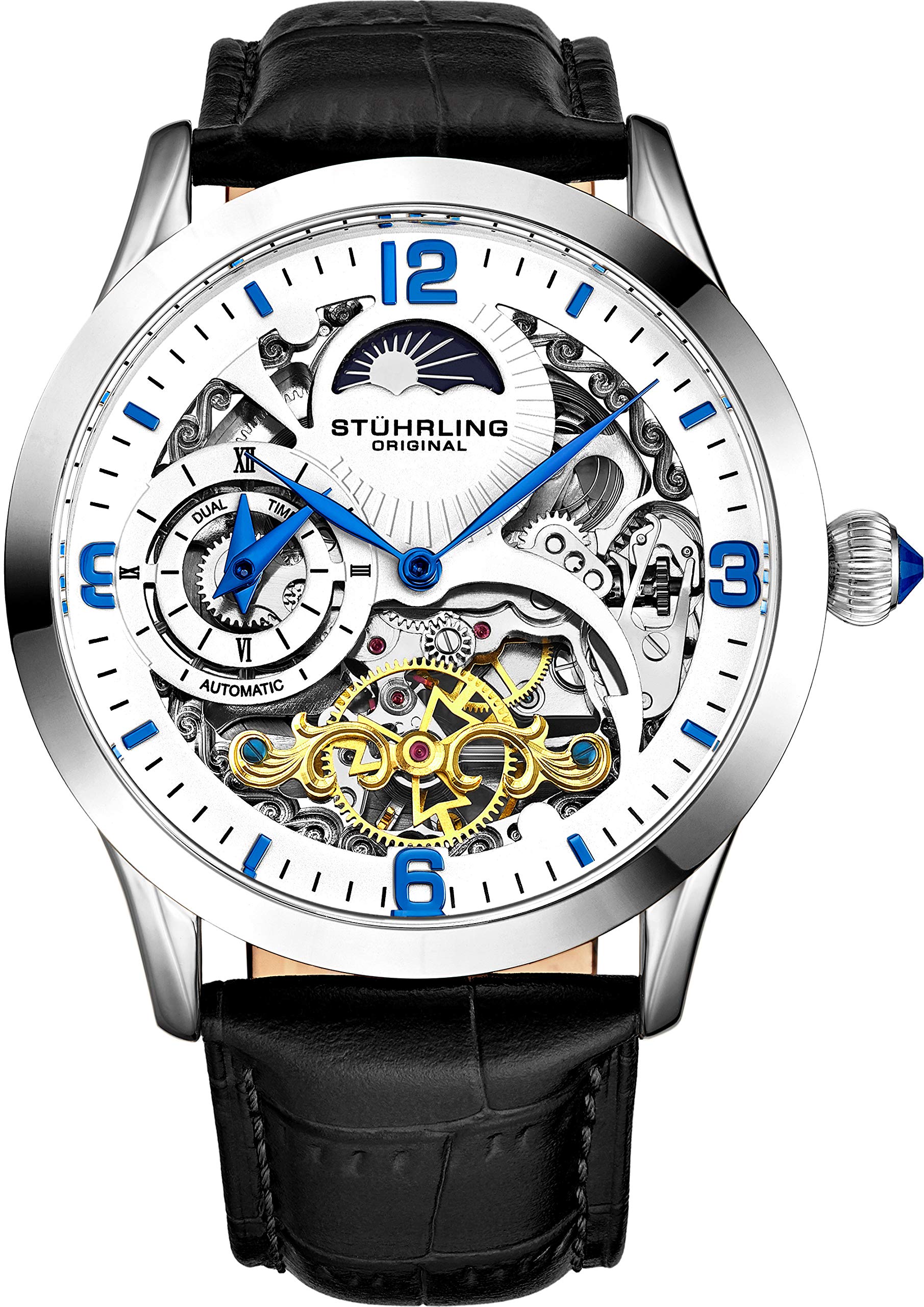 Stuhrling Original Men's Automatic Skeleton Watch with Dual Time, AM/PM Sun Moon Display & Genuine Leather Band - Luxury Dress Watch for Business, Formal Occasions & Everyday Wear