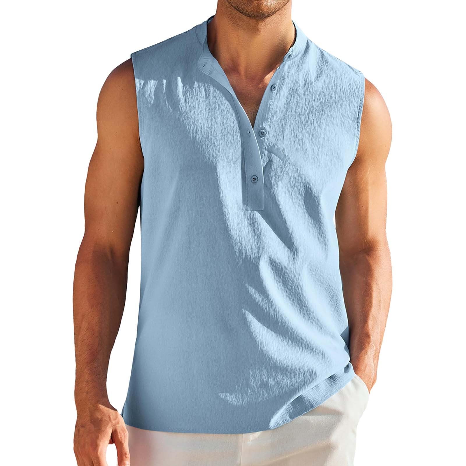 2024 Men's Summer Sleeveless Half Button Henley T-Shirt - Lightweight Linen Cotton Blend, Loose Fit & Quick Dry Casual Top for Beach, Gym & Outdoor Activities